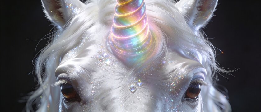 A majestic white unicorn standing in a magical forest, featuring a glowing magical horn and fur that shimmers like crushed diamonds. AI Generated.
