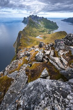 Mountain panorama, fjord and mountains, in the back mountain Segla, view from mountain Barden, Senja, Norway