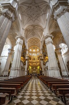 Cathedral, interior with white columns and golden chancel, ceiling decorated with stucco, Catedral de Granada, Granada, Andalusia