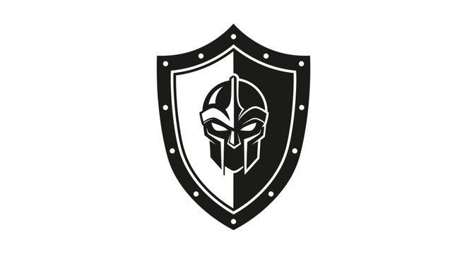 Black and white shield with warrior helmet vector illustration, ancient protection symbol, strength, security.