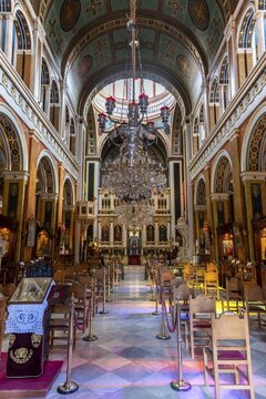 Interior with altar, ornate interior, chandelier, neoclassical Greek Orthodox Church of St. Nicholas, Agios Nikolaos, Ermoupoli, Syros, Cyclades, Greece