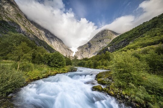 Briksdalselva Glacier River, Briksdalsbreen, Briksdal Glacier, Jostedalsbreen National Park, Norway