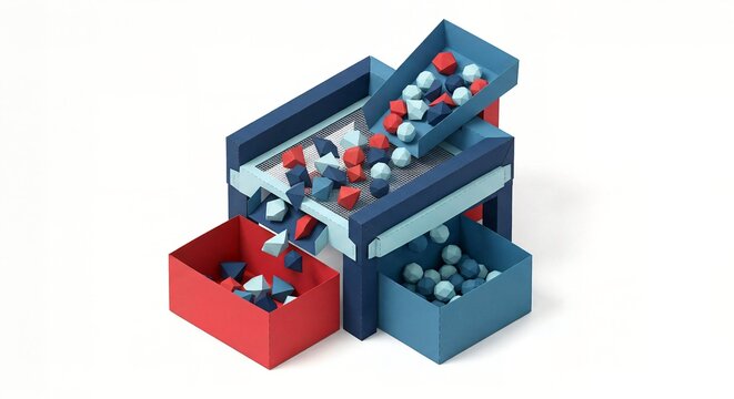 Geometric 3D render of an industrial sorting machine filtering mixed polyhedrons into separate structural bins representing automated data segmentation and targeted resource allocation