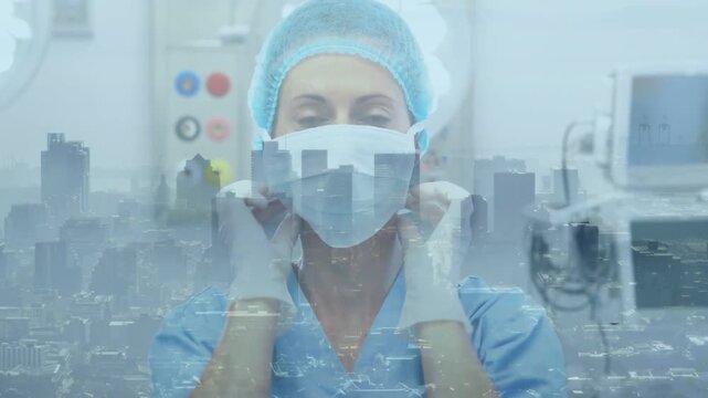 Healthcare worker securing mask and gloves after call for surgery, tightening under skyline overlay