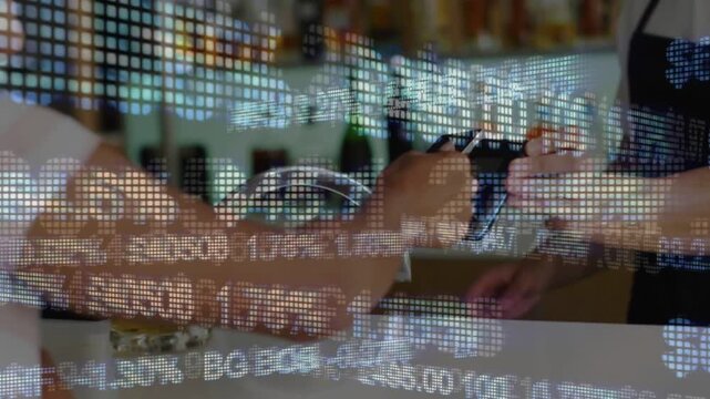 Customer reaching with phone server exchanging POS tapping completing sale ticker overlay scrolling