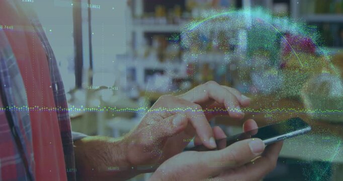 Male customer tapping phone at retail counter, generating waveform globe overlays checking stock