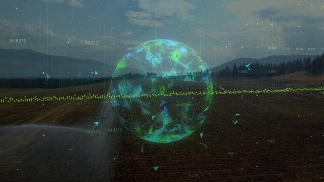 Camera moving, holo sphere overlaying field, rotating, shedding shards, waveform pulsing for farms