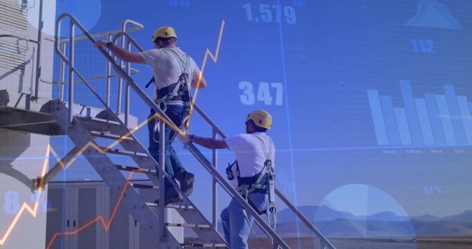 Vertical video: Field techs climbing metal stairs for inspection, graphs overlaying harness data