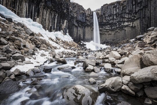 Svartifoss Waterfall, Black Falls, River St&oacute;ril&aelig;kur, basalt columns, Skaftafell National Park, Southern Region, Iceland