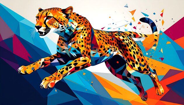 A vibrant geometric illustration of a cheetah mid-sprint, bursting with color and dynamic energy against a polygonal backdrop
