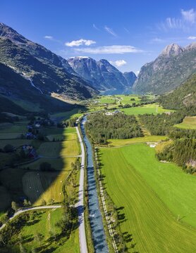 Aerial view, mountain valley lake Oldevatnet, Stryn, Vestland, Norway