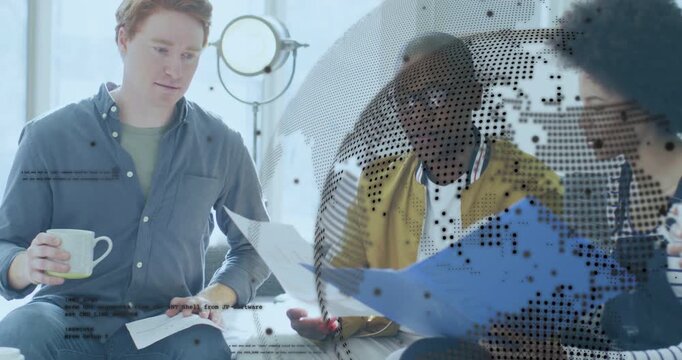 Center man pointing at doc, team passing blue folder, reviewing biz plan with code globe appearing