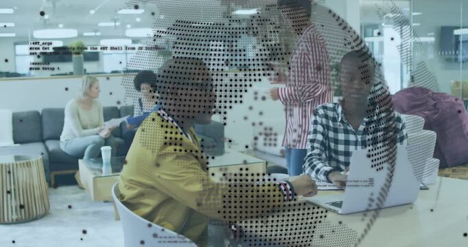 Woman leaning over laptop urging men pointing, typing as globe code overlay shifting for tech fix