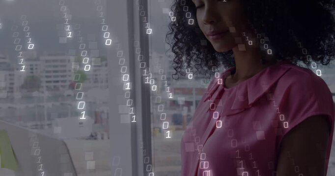 Woman typing on laptop by window, causing binary filling frame, pausing, smiling, visualizing tech