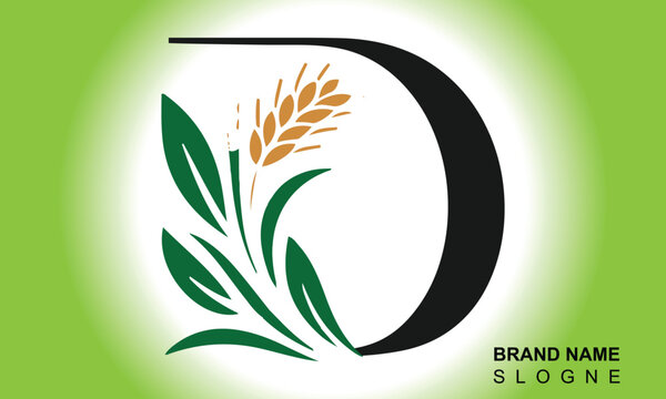 Letter D Line style logotype with wheat, rice organic grain products and healthy food vector illustration