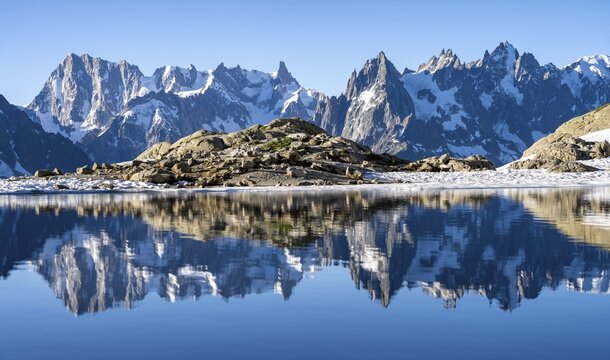 Mountain landscape in morning light, reflection in Lac Blanc, mountain peaks, Aiguille Verte, Grandes Jorasses, Aiguille du Moine, Mont Blanc, Mont Blanc Massif, Chamonix-Mont-Blanc, Haute-Savoie, France