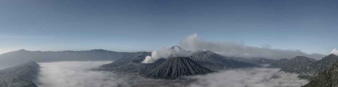 Mount Bromo volcanic clouds, morning atmosphere, Mount Batok, Mount Kersi, Mount Semeru, Bromo Tengger Semeru National Park, East Java, Indonesia