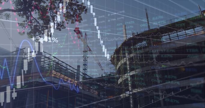 Building site and crane framing view, charts and % labels fading in showing rising financial trends