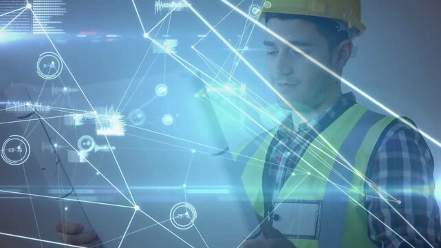 Co-worker handing plans, site lead confirming design, donning helmet while HUD overlaying plans