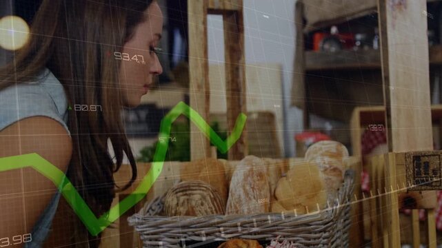 Vertical video: Seeing woman in blue leaning, inspecting bread at shop, buying, overlay, copy space