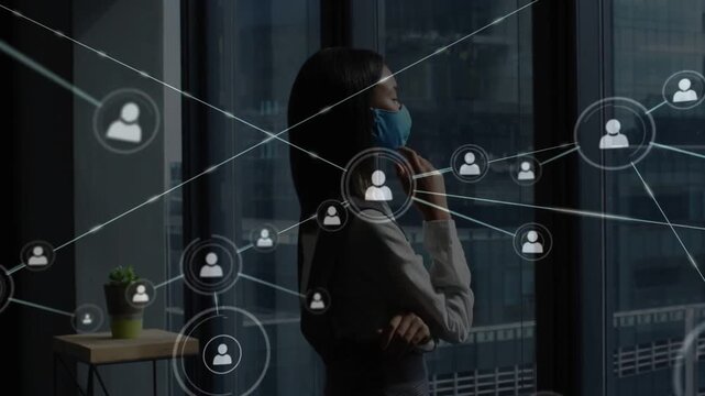 Woman adjusting blue mask, upon raising hand avatar network expanding to map business connections