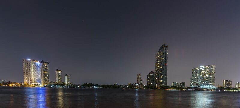 Skyline, River Mae Nam Chao Phraya, at night, Bangkok, Thailand