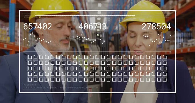 Warehouse managers checking tablet causing HUD overlay updating stock counts, donning helmets