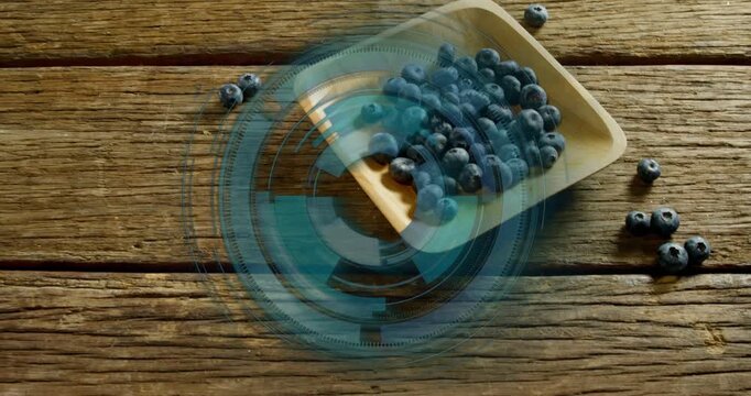 Teal HUD overlay appearing, rotating, wood scoop tilting and filling with berries, showing product