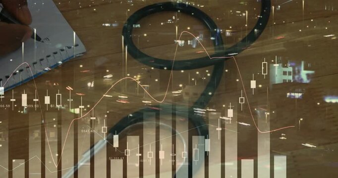 Vertical video: Doc entering left writing on notepad for finance, stethoscope amid charts drifting
