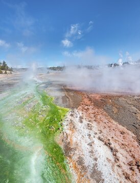 Red mineral deposits and green algae at a thermal spring, steaming hot springs, Whirligig Geyser, Noris Geyser Basin, Yellowstone National Park, Wyoming, USA