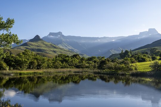 Amphitheatre with reflection in the lake, Royal Natal National Park, Drakensberg Mountains south, Kwa Zulu Natal, South Africa