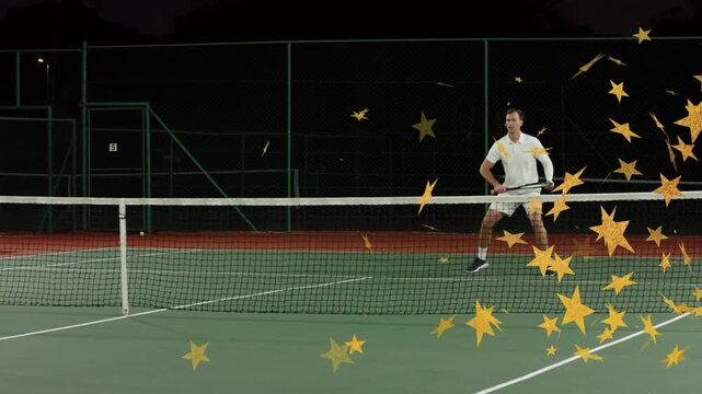 Tennis duo lunging, volleying, intercepting ball crossing net, yellow stars obscuring right player