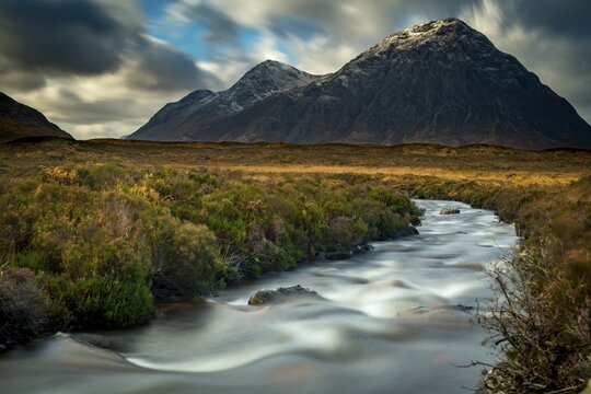 River Etive with summit of Stob Dearg in the background, Glen Coe, Rannoch Moor, west Highlands, Scotland, United Kingdom