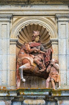St. Martin of Tibaes Monastery, detail of the facade with the statue of St. Martin, Braga, Minho, Portugal