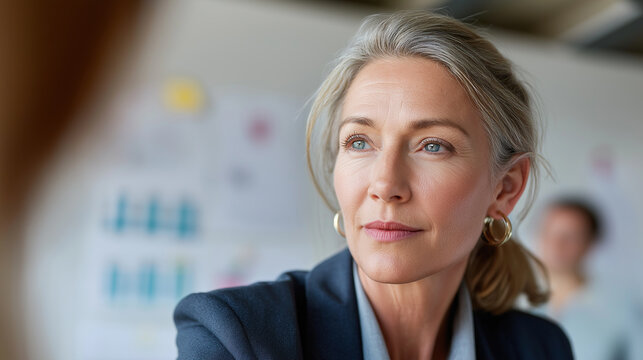 A confident mature businesswoman with stylish gray hair looks thoughtfully off to the side in a modern office environment.