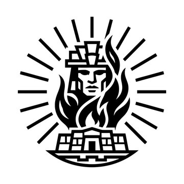 Sunrise fire altar emblem with mountain temple design