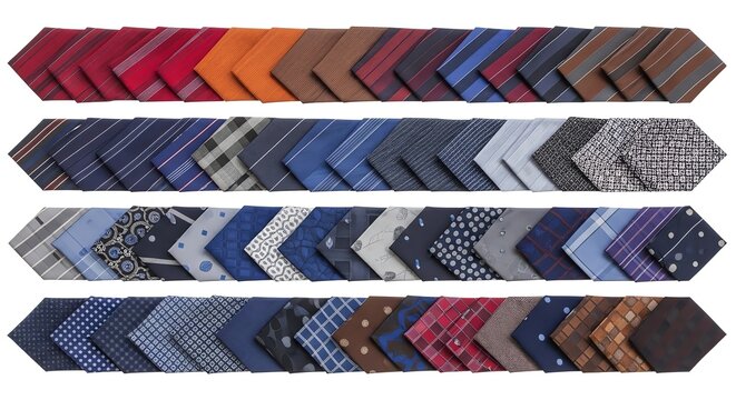 Collection of various colorful neckties with different patterns  arranged in rows