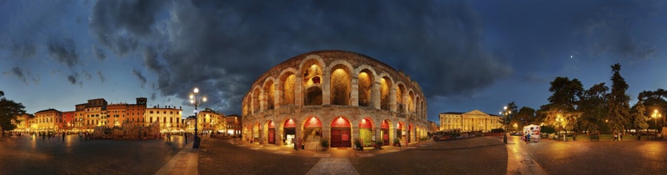 360&deg; panorama of the Roman amphitheatre Arena di Verona in the evening, Piazza Bra, Verona, Veneto, Italy