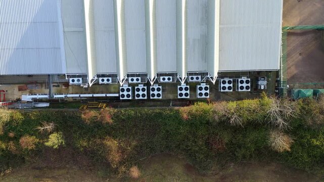 Drone view of industrial-grade cooling systems at a Milton Keynes facility dedicated to quantum research.
