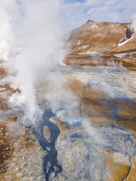 Aerial view, steaming river and fumaroles, geothermal area Hverar&ouml;nd, also Hverir or Namaskard, North Iceland, Iceland