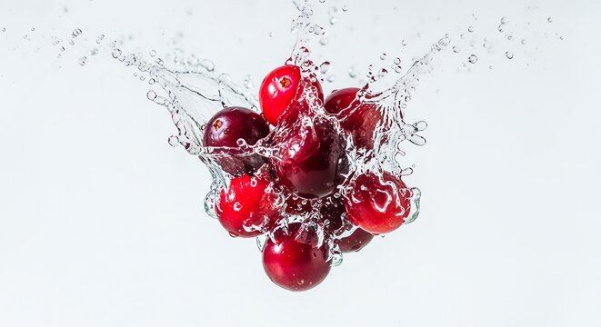 Cranberries splashing in water with droplets flying around them in mid air one sentence