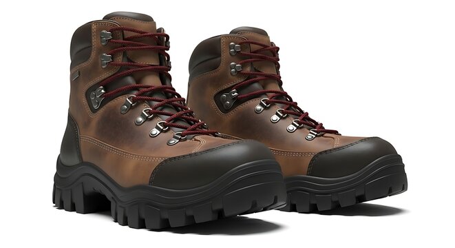 Durable brown hiking boots with rugged sole and reinforced toe cap, outdoor trekking footwear designed for adventure, comfort, and stability isolated on white background