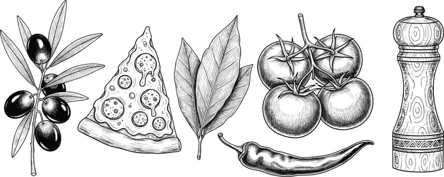 Pencil sketch collection of Italian food ingredients and kitchen tools.