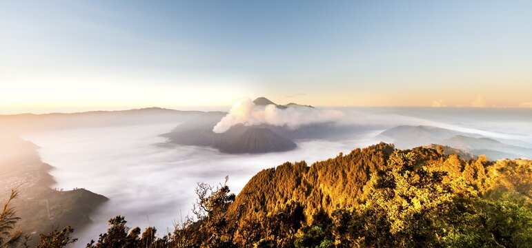Mount Bromo, sunrise, volcano in clouds, Mount Batok, Mount Kursi, Mount Semeru, Bromo Tengger Semeru National Park, Java, Indonesia