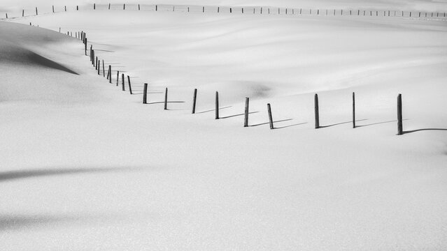 Fence in snowy meadow, Balderschwang, Oberallg&auml;u, Bavaria, Germany