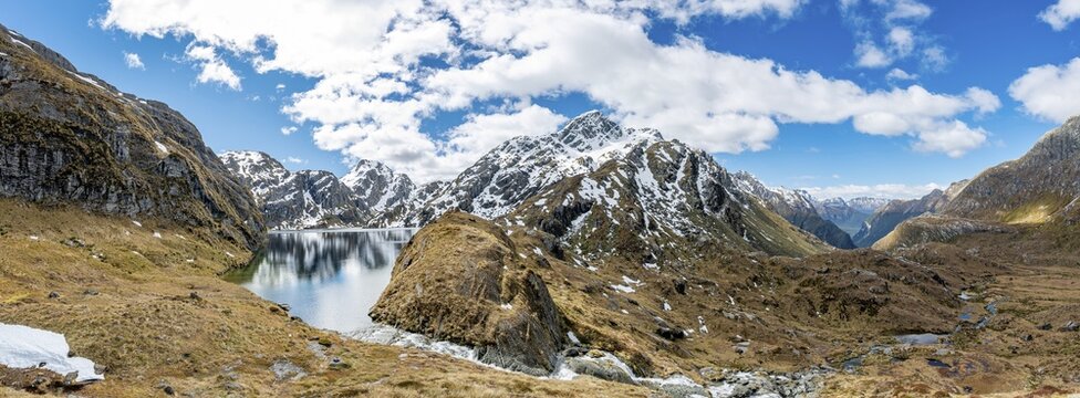 View into Route Burn Valley, Route Burn River tiling from Lake Harris, Conical Hill, Routeburn Track, Mount Aspiring National Park, Westland District, West Coast, South Island, New Zealand