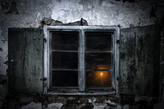 Old decayed wooden window on old house facade in candlelight, Mindelheim, Unterallg&auml;u, Bavaria, Germany