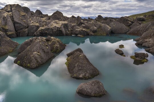 Turquoise water basin, St&oacute;rur&eth; landslide in Dyrfj&ouml;ll, Iceland