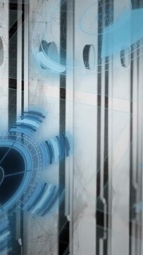 Vertical video: Metal panel on startup projecting rotating blue rings over slats for tech status