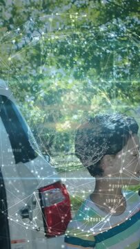 Vertical video: Woman passing pink cup at white SUV while kids packing items tech globe overlaying
